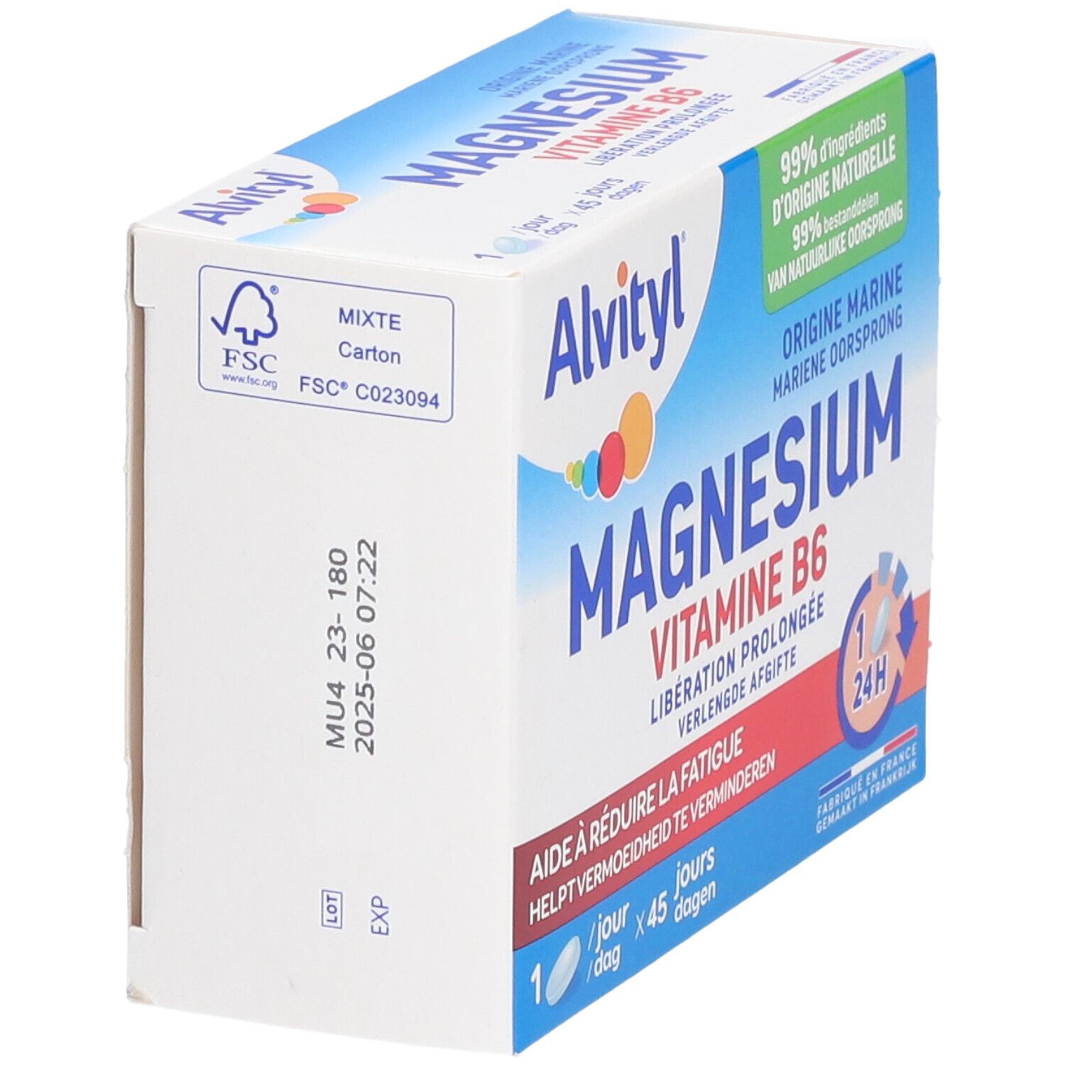 Vue latérale de l'emballage Alvityl Magnesium Vitamine B6. Boîte bleue et blanche avec informations et logo FSC.