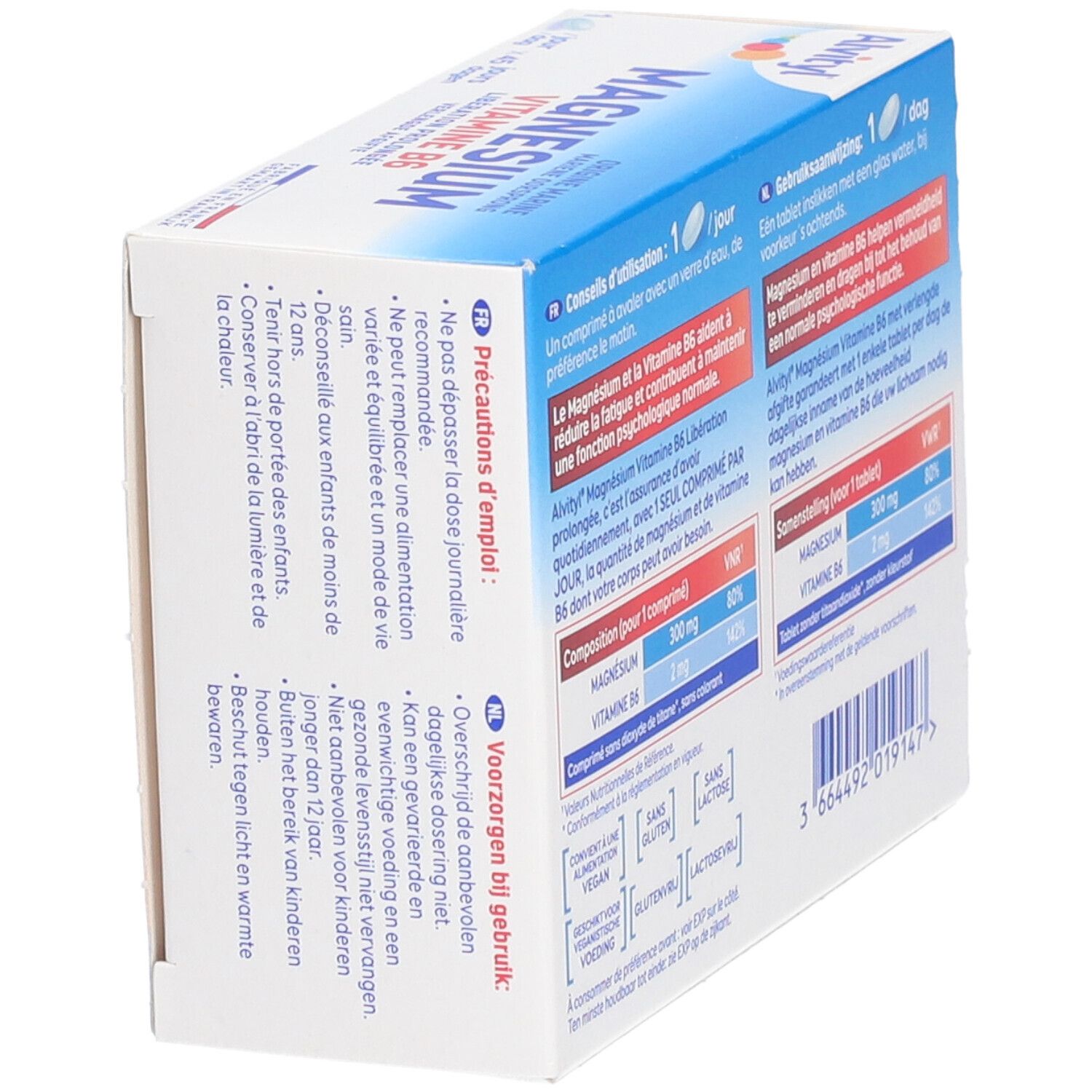 Vue latérale de l'emballage Alvityl Magnesium Vitamine B6. Contient des précautions et des instructions de stockage.