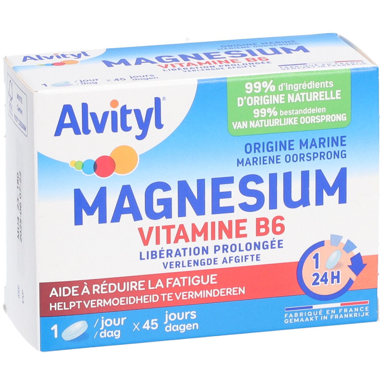 Vue de face de l'emballage Alvityl Magnesium Vitamine B6. Boîte bleue et blanche avec nom et logos.