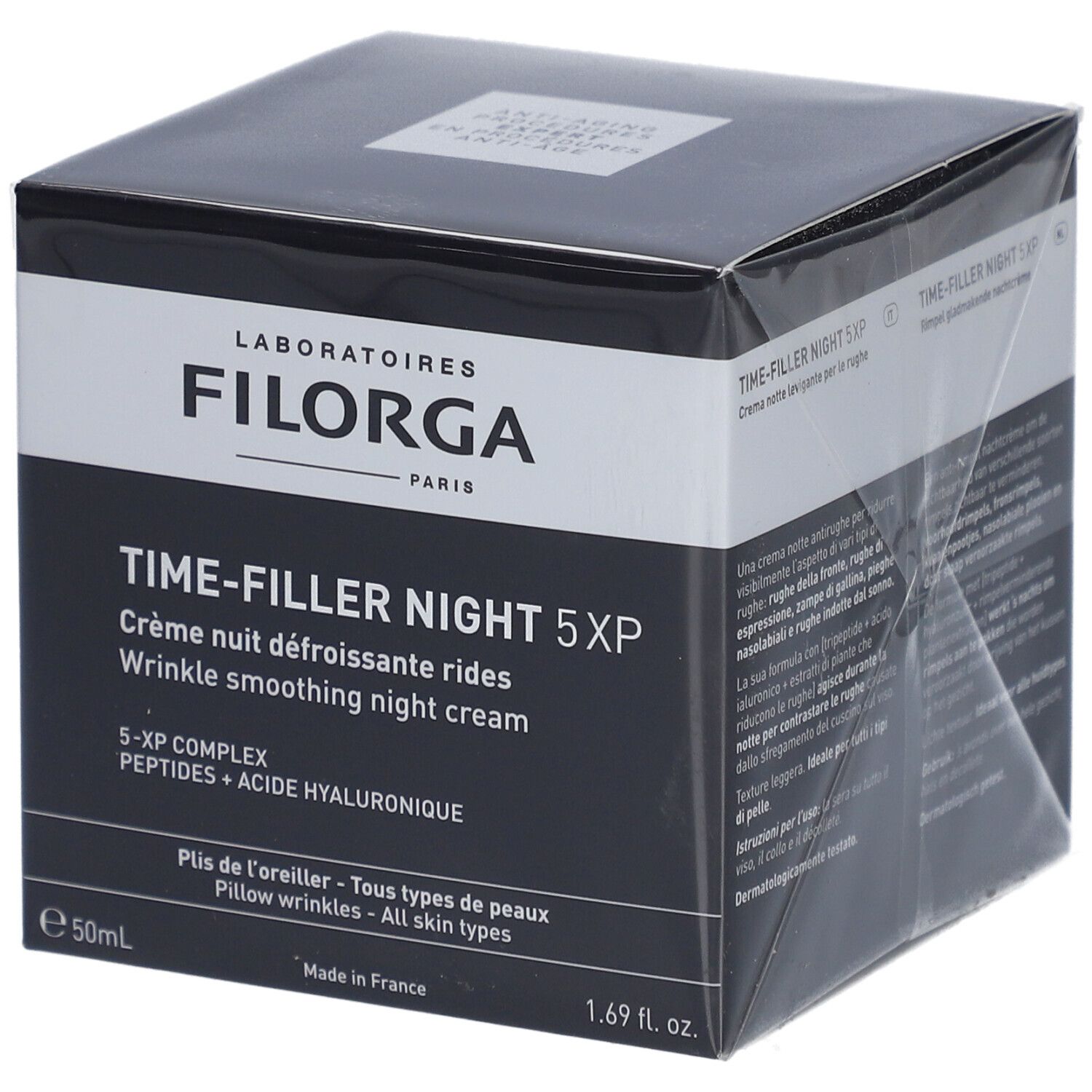 Filorga Time-Filler Night 5XP. Boîte noire. Crème anti-rides. Contient peptides et acide hyaluronique. 50ml. Fabriqué en France.