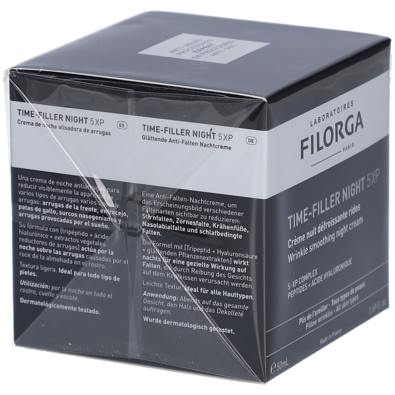 Filorga Time-Filler Night 5XP. Boîte avec texte en allemand. Crème de nuit anti-rides. Contient acide hyaluronique et peptides. Testé.