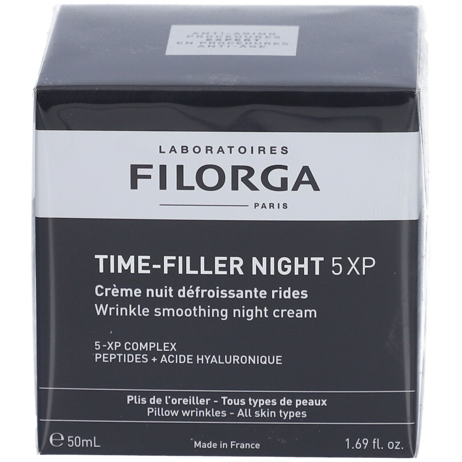 Filorga Time-Filler Night 5XP. Boîte noire. Crème anti-rides. Contient peptides et acide hyaluronique. Pour tous types de peau.