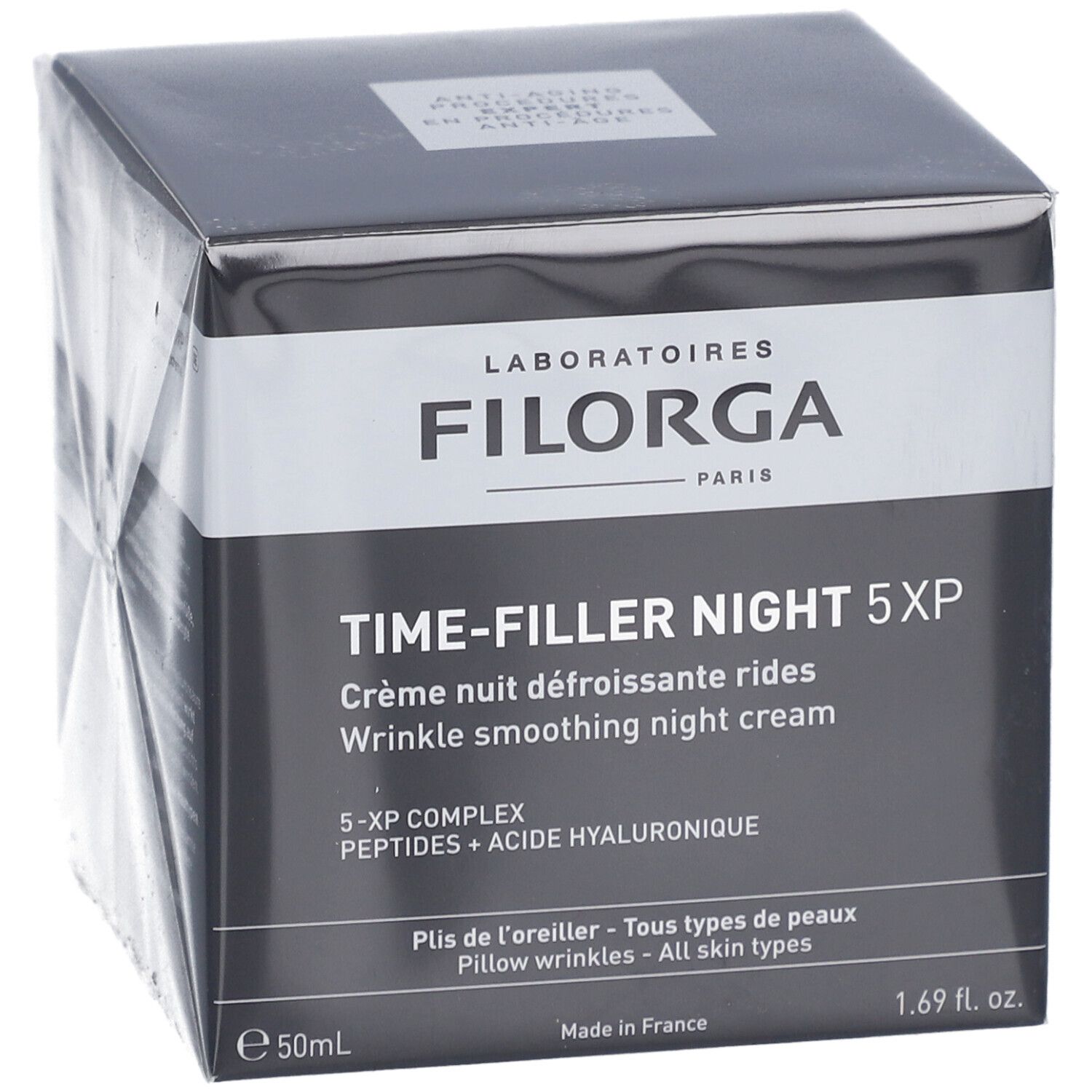 Filorga Time-Filler Night 5XP. Boîte noire. Crème anti-rides. 1.69 fl. oz. (50ml). Pour tous types de peau.