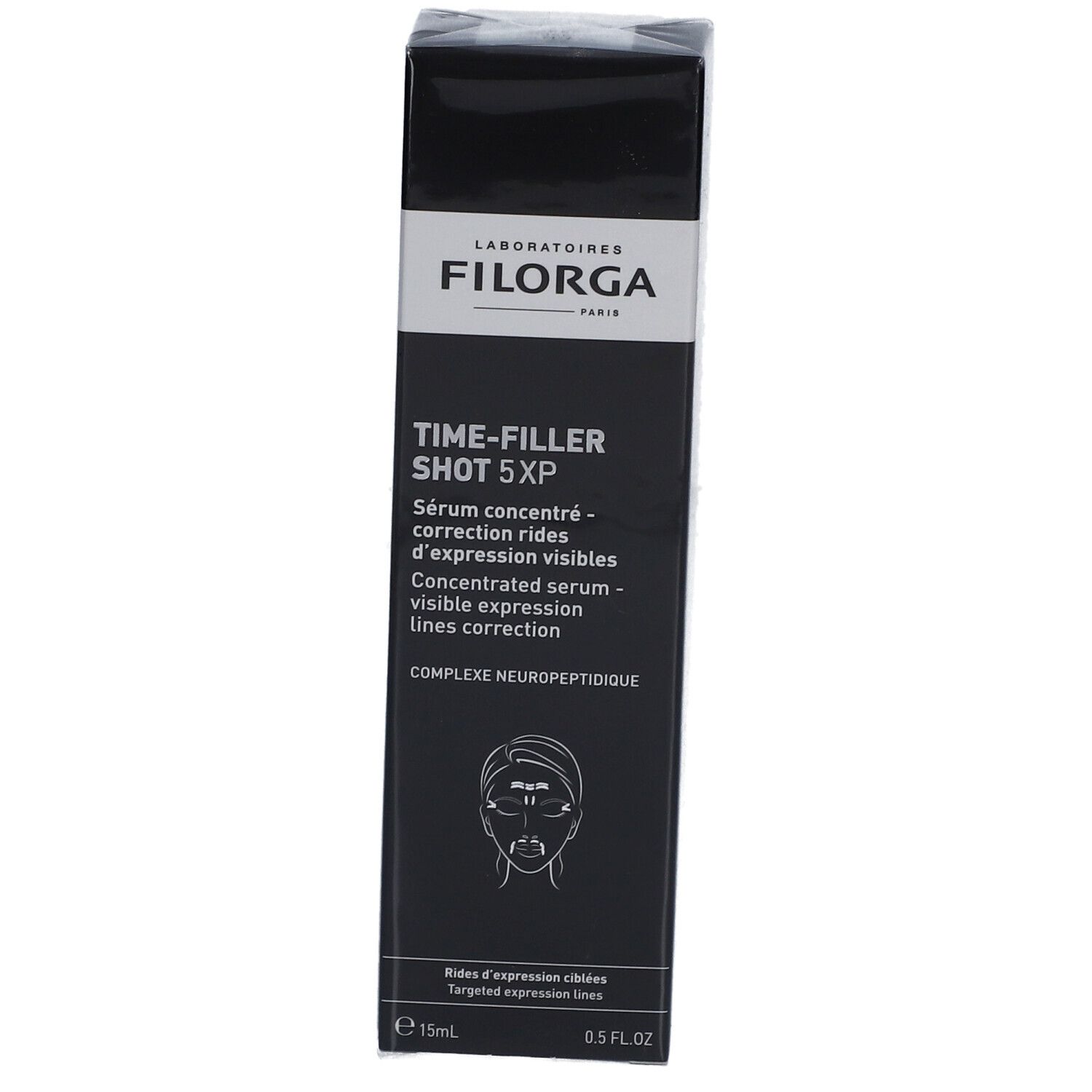 Boîte noire Filorga. Inscription : Time-Filler Shot 5XP, sérum pour les rides d'expression visibles. 15ml.