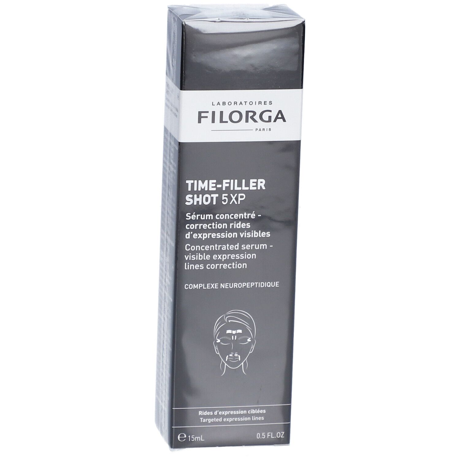 Boîte noire Filorga. Inscription : Time-Filler Shot 5XP, sérum pour les rides d'expression visibles. 15ml.
