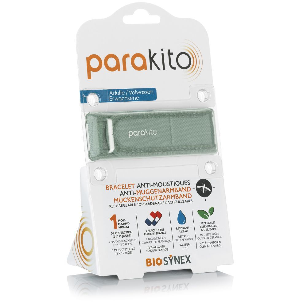 Bracelet anti-moustiques ParaKito kaki pour adulte, emballé. Inscription: Anti-moustiques, rechargeable.