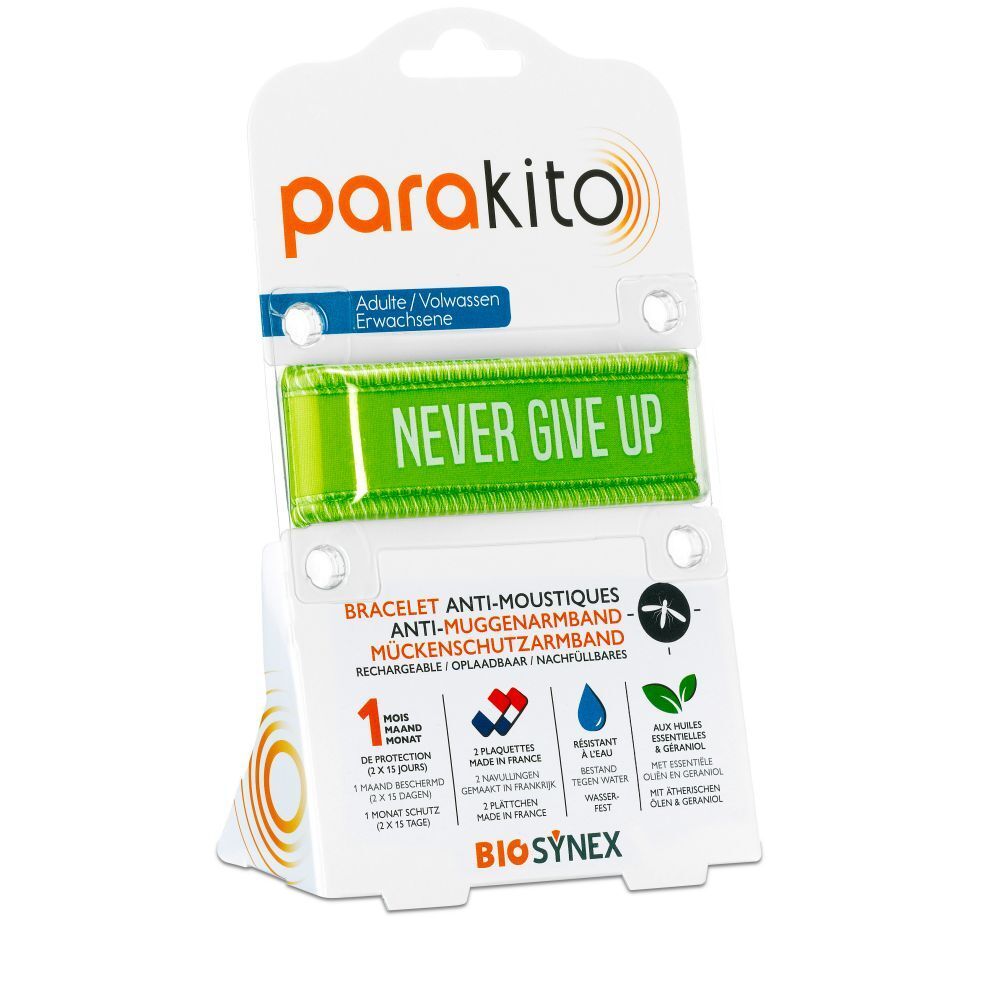 Bracelet anti-moustiques ParaKito vert, inscription "NEVER GIVE UP". Emballé dans un blister.