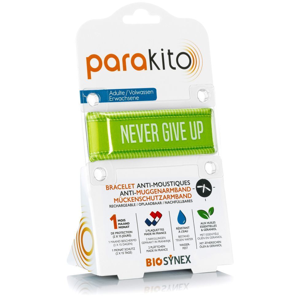 Bracelet anti-moustiques ParaKito vert, inscription "NEVER GIVE UP". Emballé dans un blister.