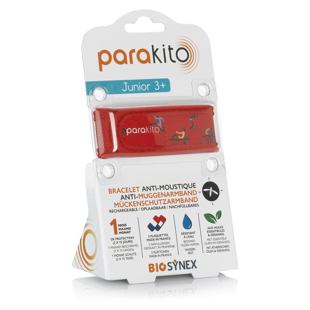 Rode ParaKito Junior 3+ armband in verpakking. Tekst: Anti-muggenarmband, 1 maand bescherming, 2 tabletten, waterbestendig.