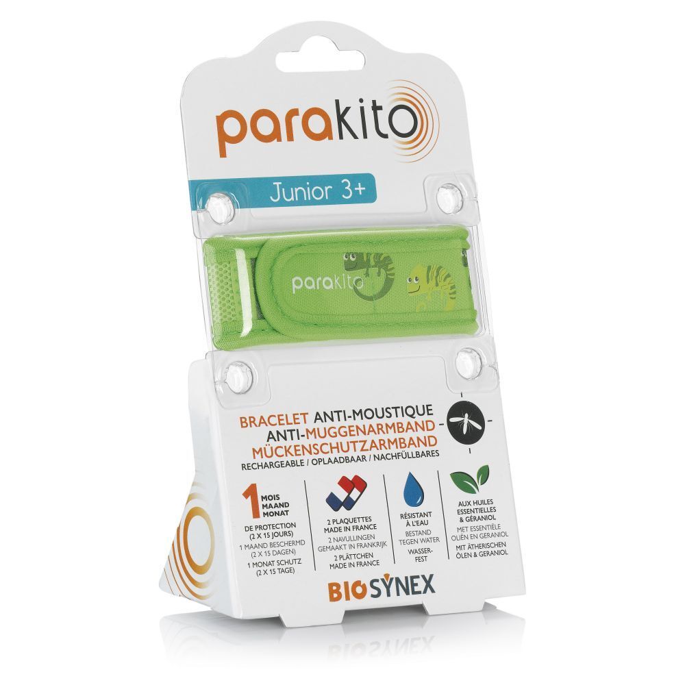Groene armband in verpakking. Tekst: ParaKito Junior 3+. Anti-muggenarmband. 2 plaatjes. Waterbestendig. Essentiële oliën.