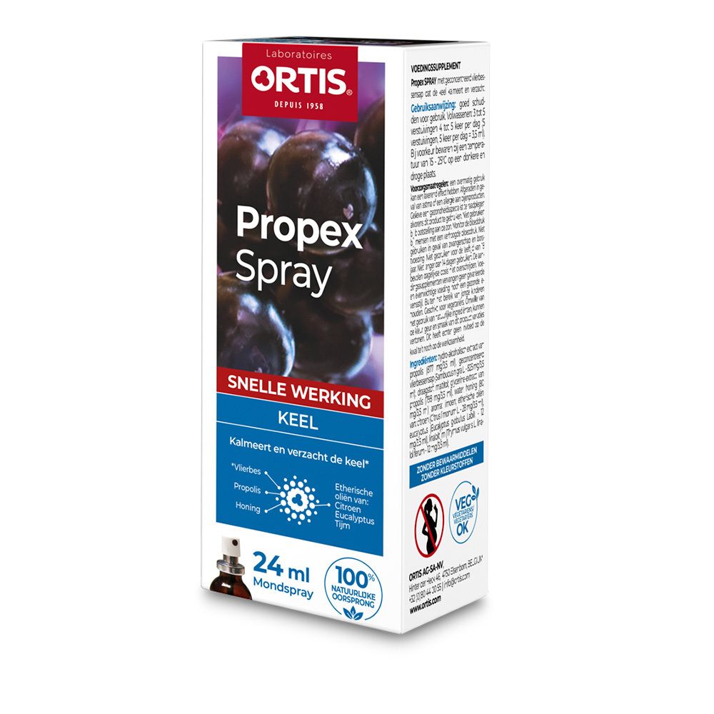 Doosje Propex Spray. Rode en witte tekst. 24 ml. Natuurlijke ingrediënten. Illustratie van druiven.