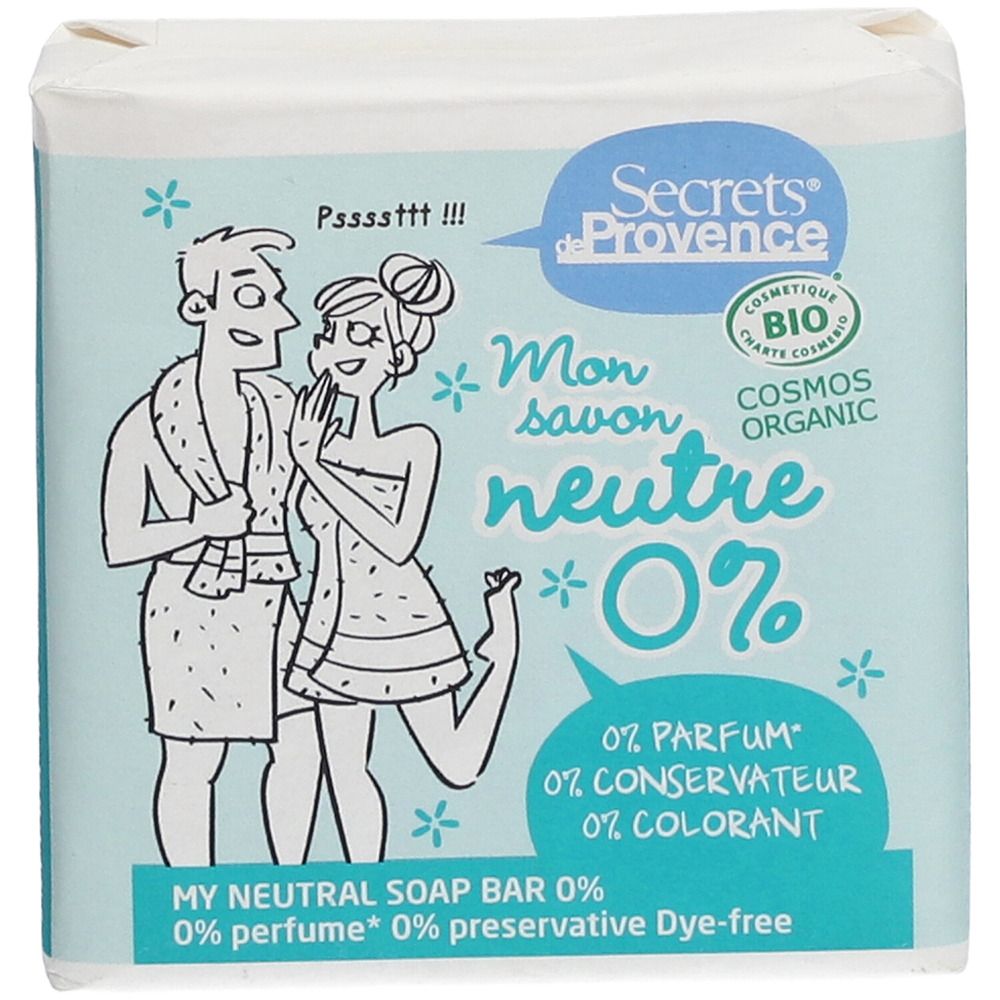Verpackte Seife mit Aufdruck. Enthält Illustrationen und Text: Secrets de Provence, Mon savon neutre 0%.