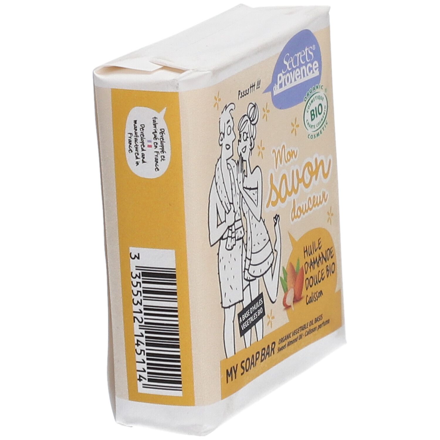 Verpackte Seife, schräg von der Seite. Aufdruck mit Paar, Text 'Mon savon douceur'. Bio-Zertifizierung.