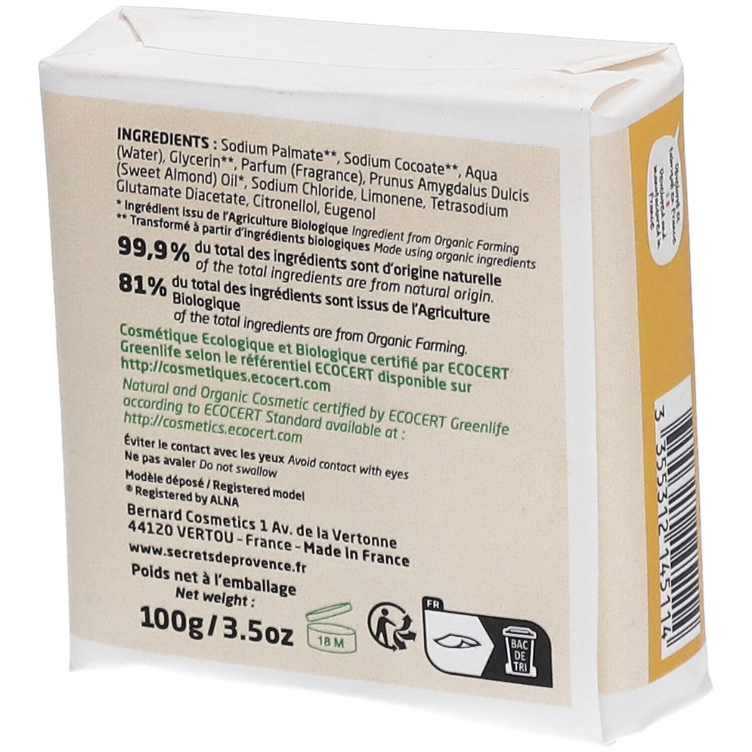 Rückseite der Seifenverpackung. Zutatenliste, Bio-Zertifizierung, Herstellerinformationen und Gewicht.