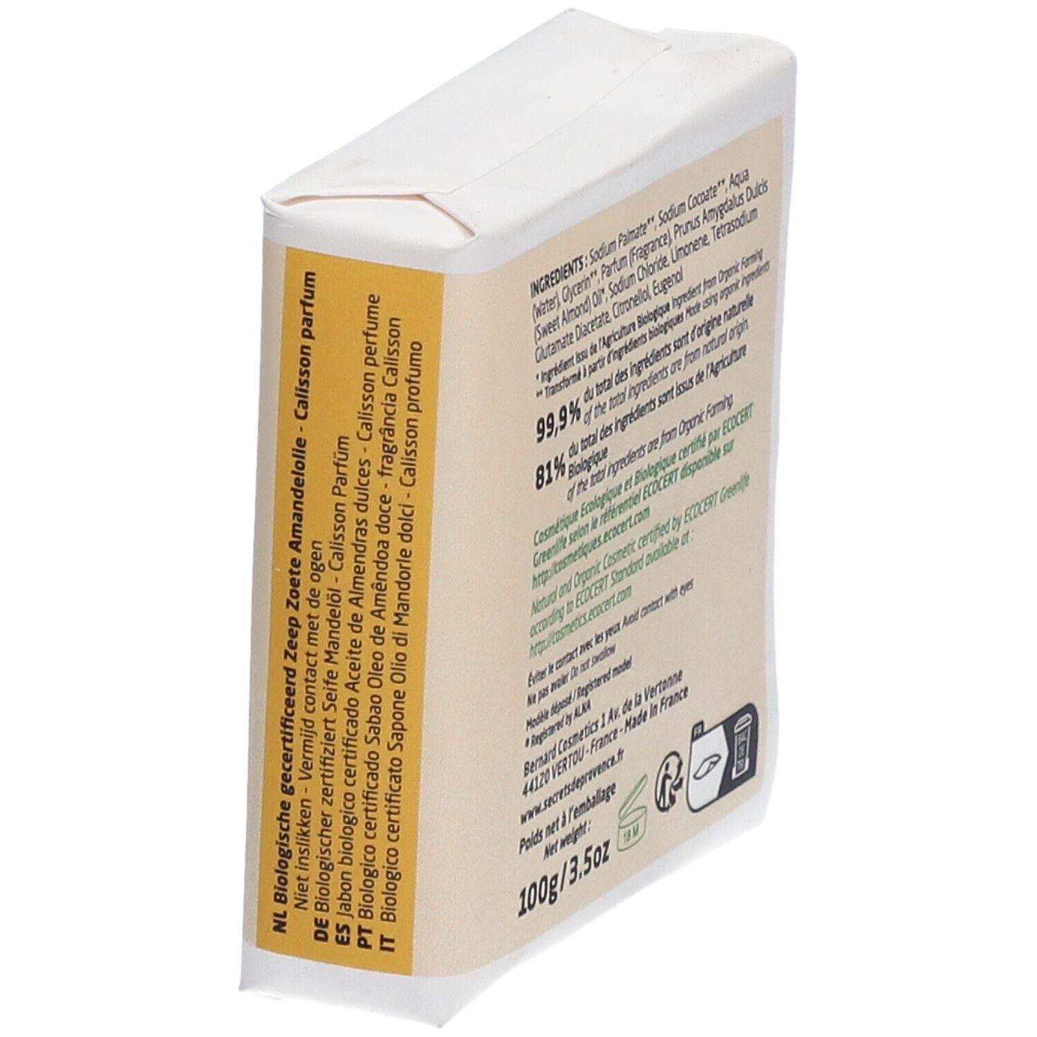 Schräg von der Seite, Rückseite der Seifenverpackung. Zutatenliste, Bio-Zertifizierung, Herstellerinformationen.