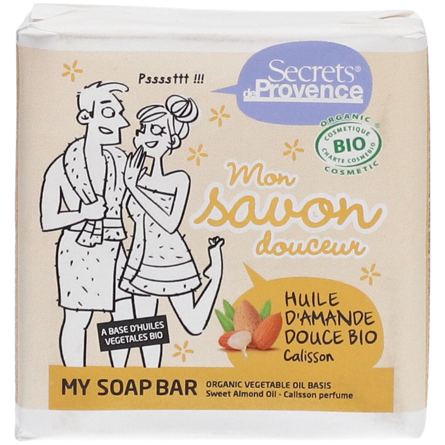 Verpackte Seife mit Aufdruck. Abbildung eines Paares, Schriftzug 'Mon savon douceur'. Bio-Zertifizierung.