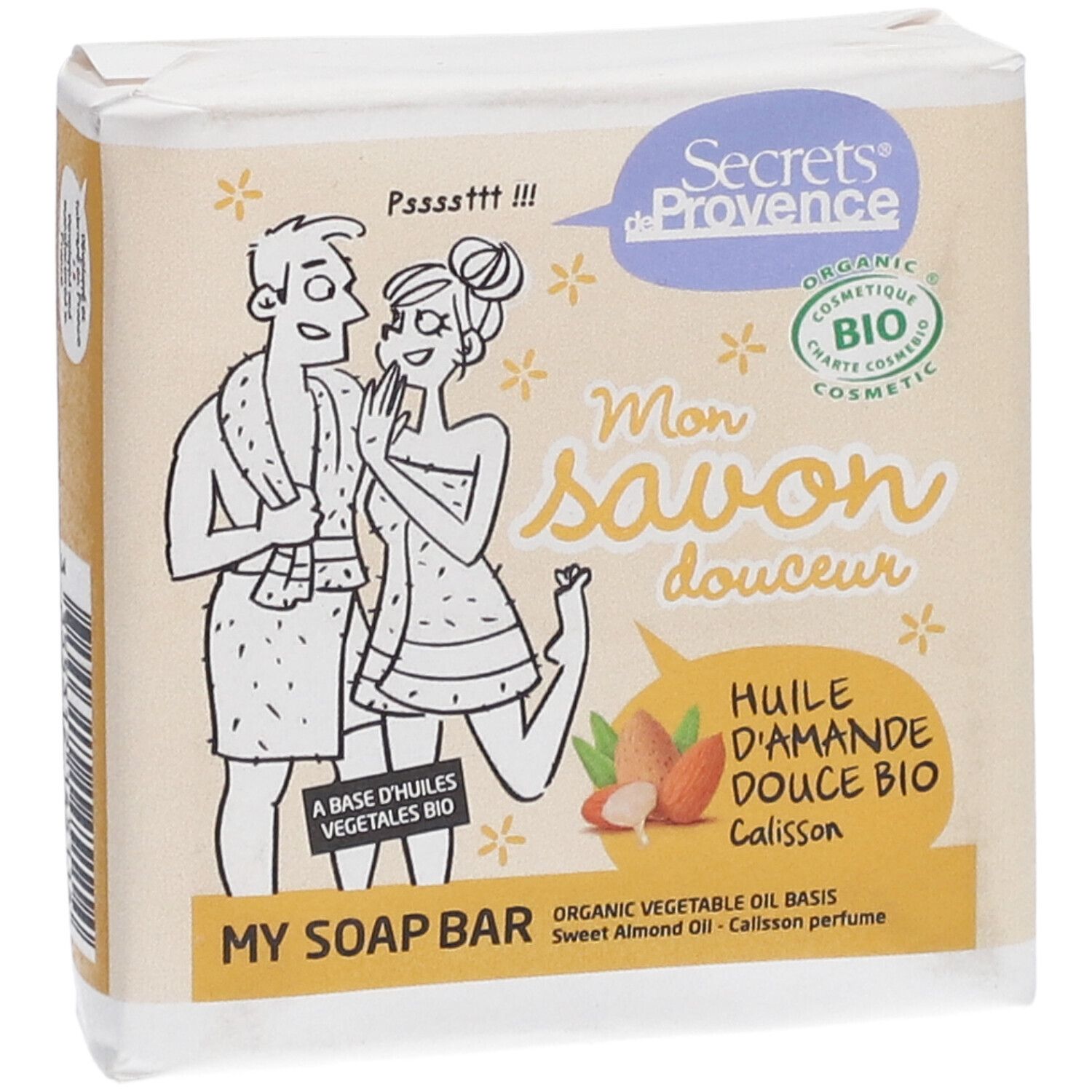 Verpackte Seife mit Aufdruck. Abbildung eines Paares, Schriftzug 'Mon savon douceur'. Bio-Zertifizierung.