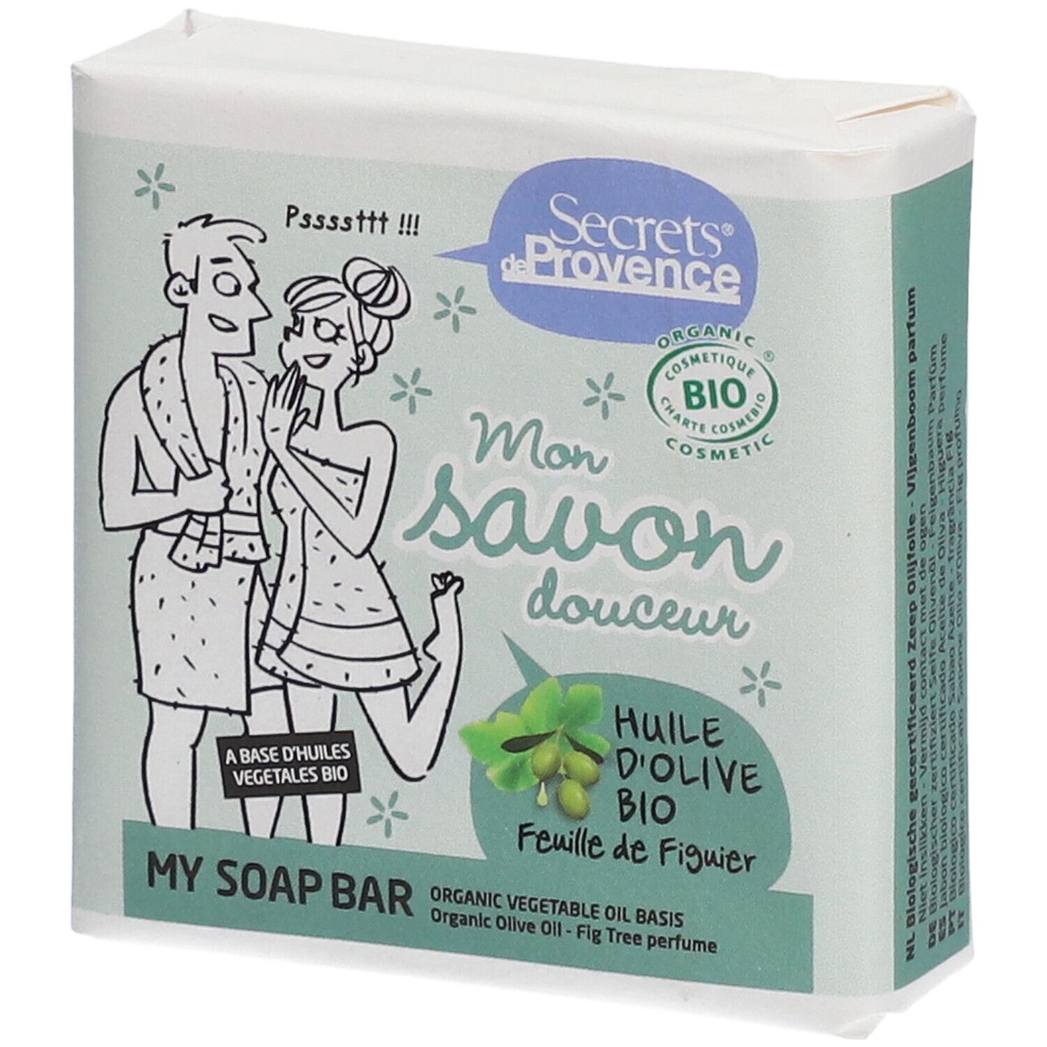 Verpackung mit Seife. Illustration eines Paares. Text: Secrets de Provence, Mon savon douceur, Huile d'Olive Bio.