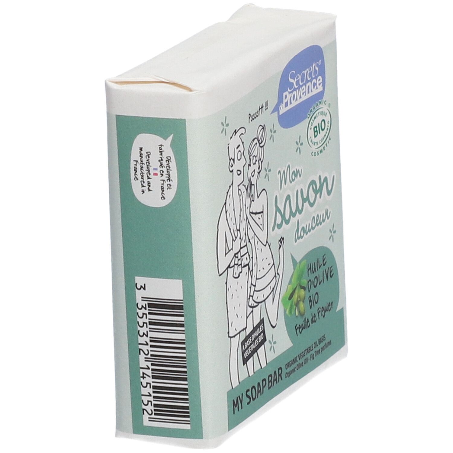 Seifenverpackung, schräg. Illustration eines Paares. Text: Secrets de Provence, Mon savon douceur, Huile d'Olive Bio.