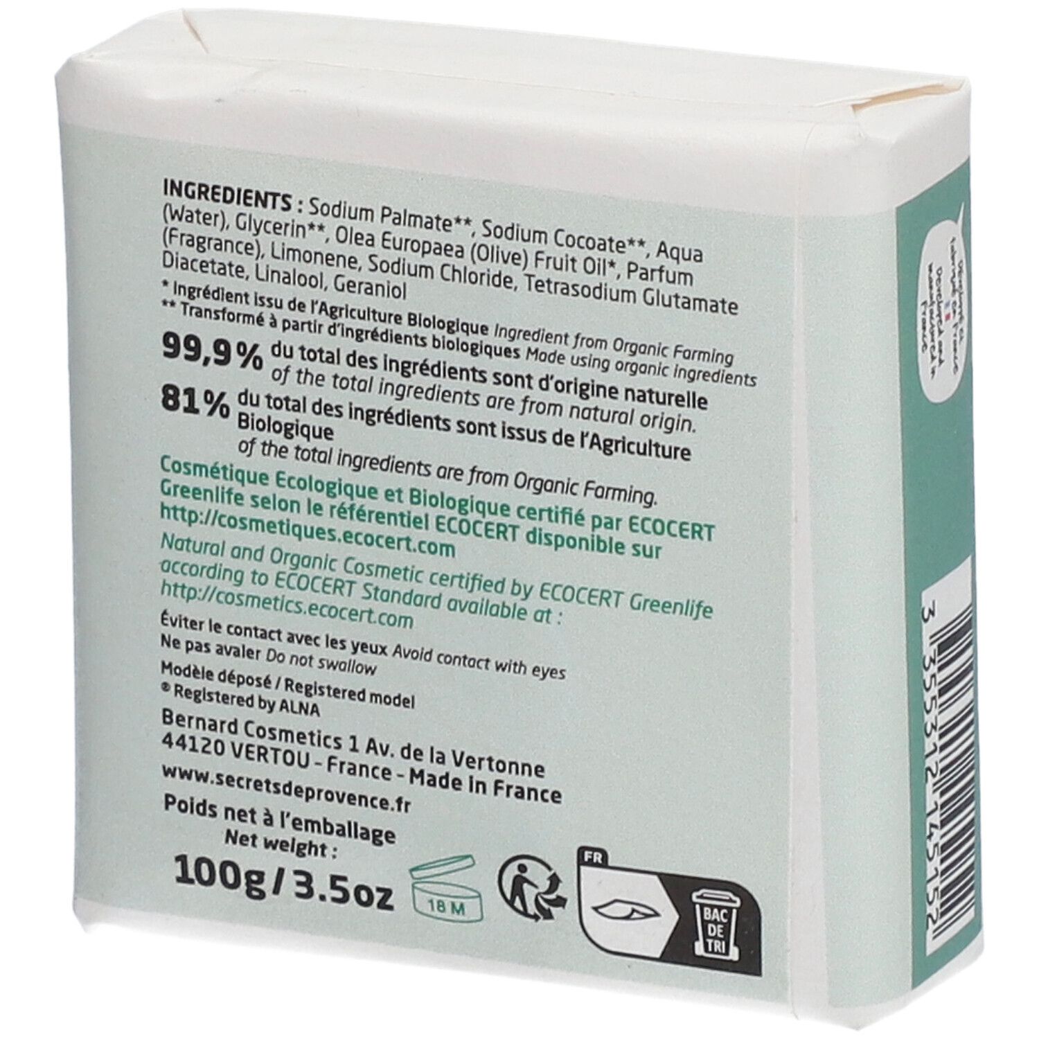 Rückseite der Seifenverpackung. Text: Inhaltsstoffe, 100g/3.5oz, Ecocert-Zertifizierung, Adresse.