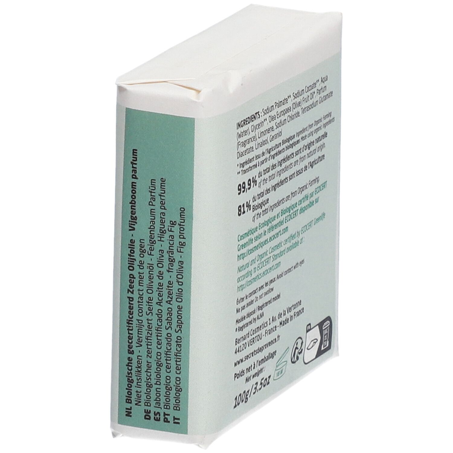 Schrägansicht der Seifenverpackung. Text: Inhaltsstoffe, 100g/3.5oz, Ecocert-Zertifizierung, Adresse.