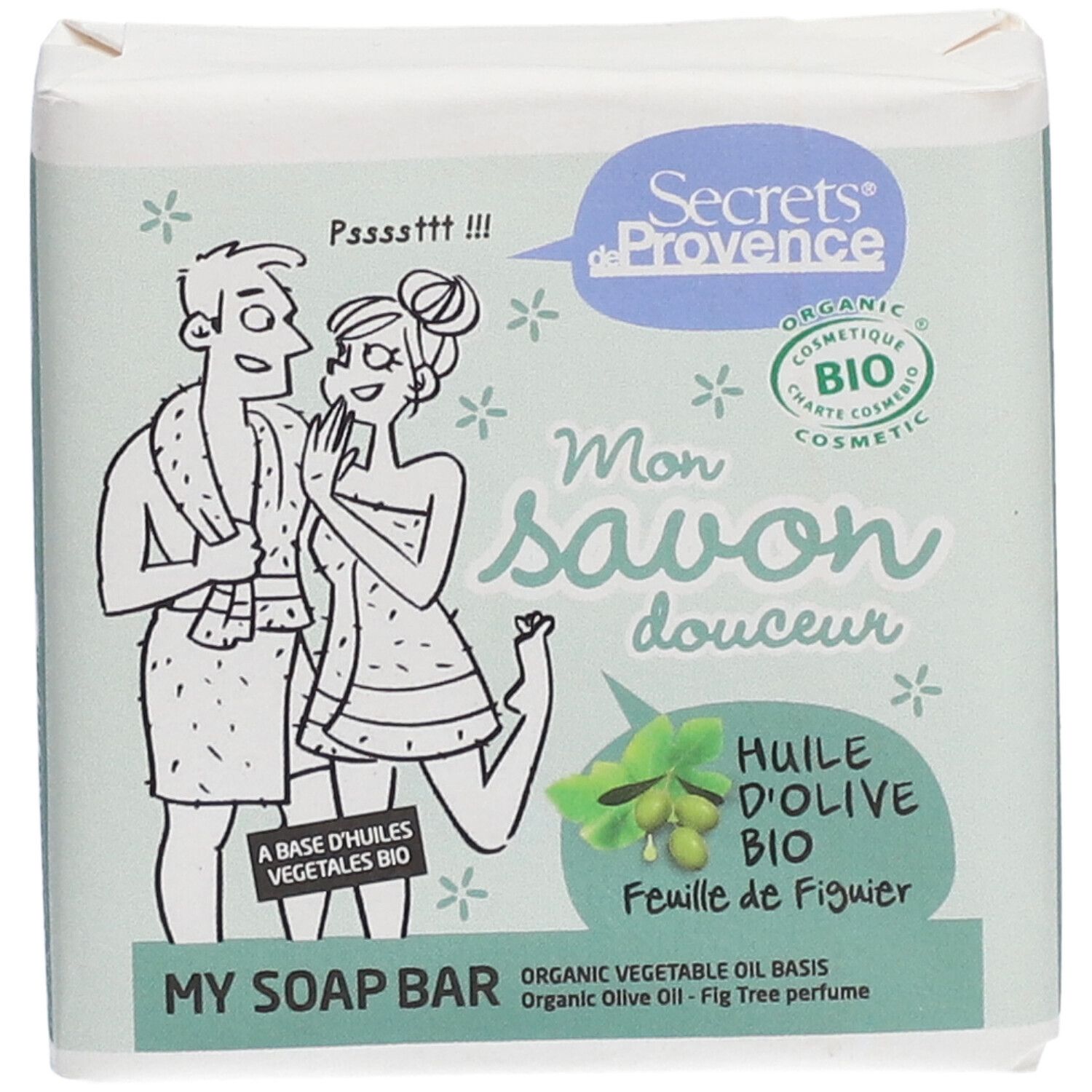 Seifenverpackung. Illustration eines Paares. Text: Secrets de Provence, Mon savon douceur, Huile d'Olive Bio.