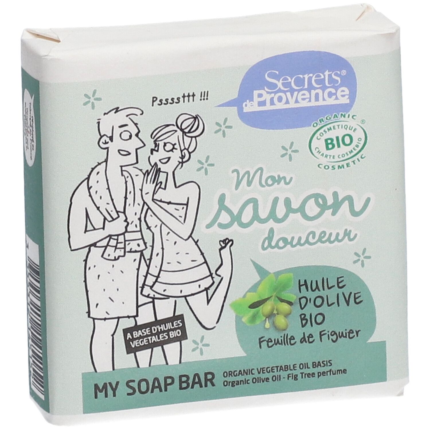 Seifenverpackung. Illustration eines Paares. Text: Secrets de Provence, Mon savon douceur, Huile d'Olive Bio.
