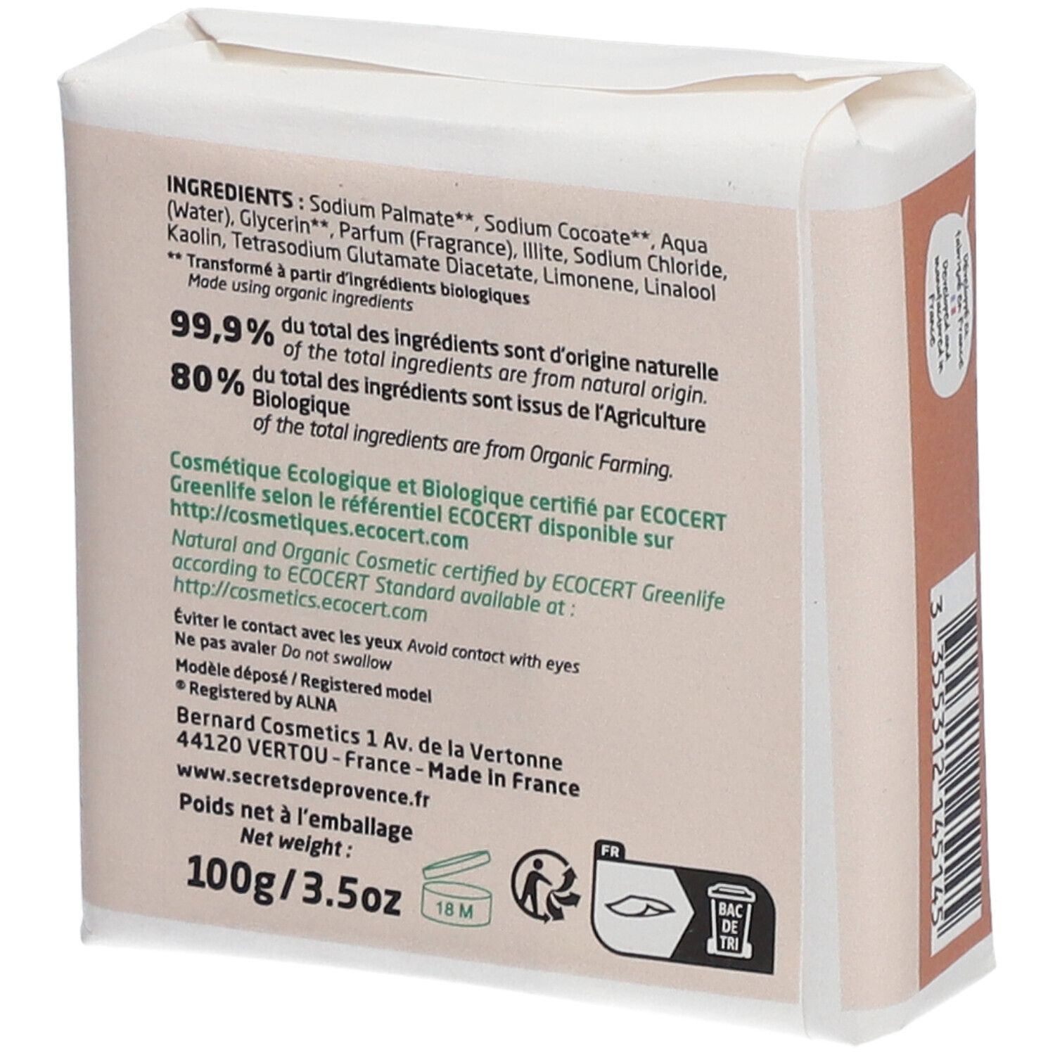 Dos de l'emballage du savon. Liste des ingrédients, certification ECOCERT, adresse du fabricant, poids: 100g/3.5oz.