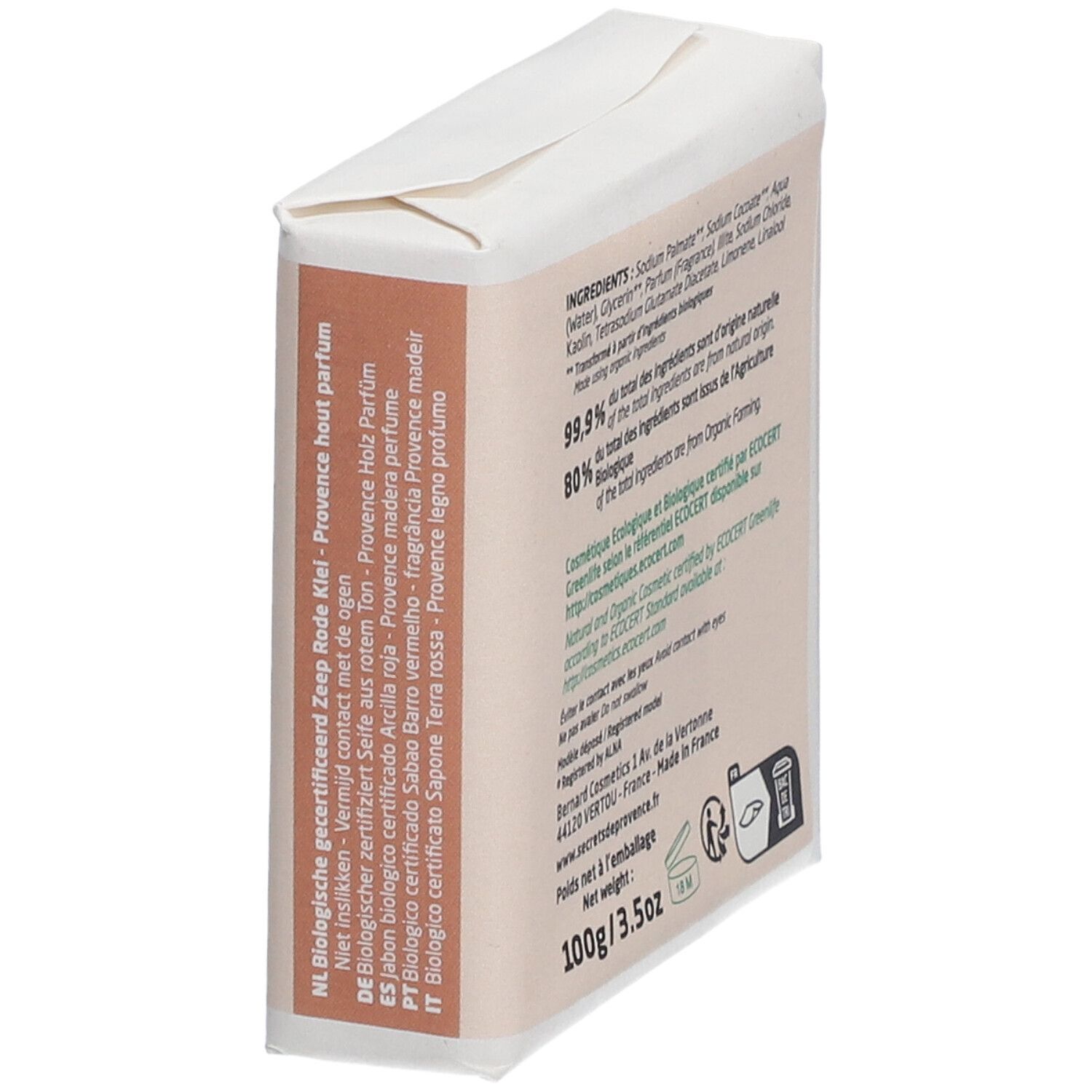 Emballage de savon, vue latérale. Liste des ingrédients, certification ECOCERT, adresse du fabricant, poids: 100g/3.5oz.