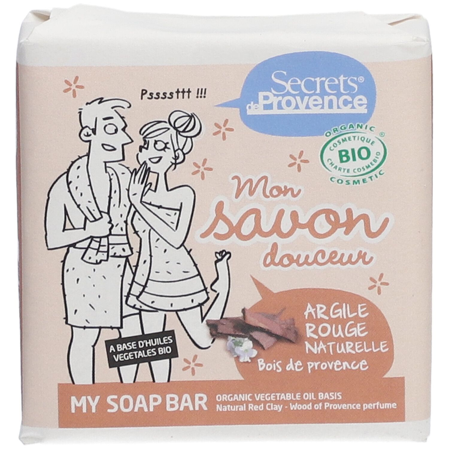 Savon emballé. Inscription: Secrets de Provence, Mon savon douceur, Argile rouge naturelle, certification bio.