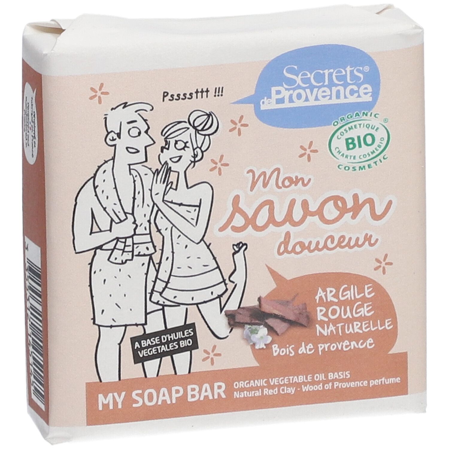 Savon emballé. Inscription: Secrets de Provence, Mon savon douceur, Argile rouge naturelle, certification bio.