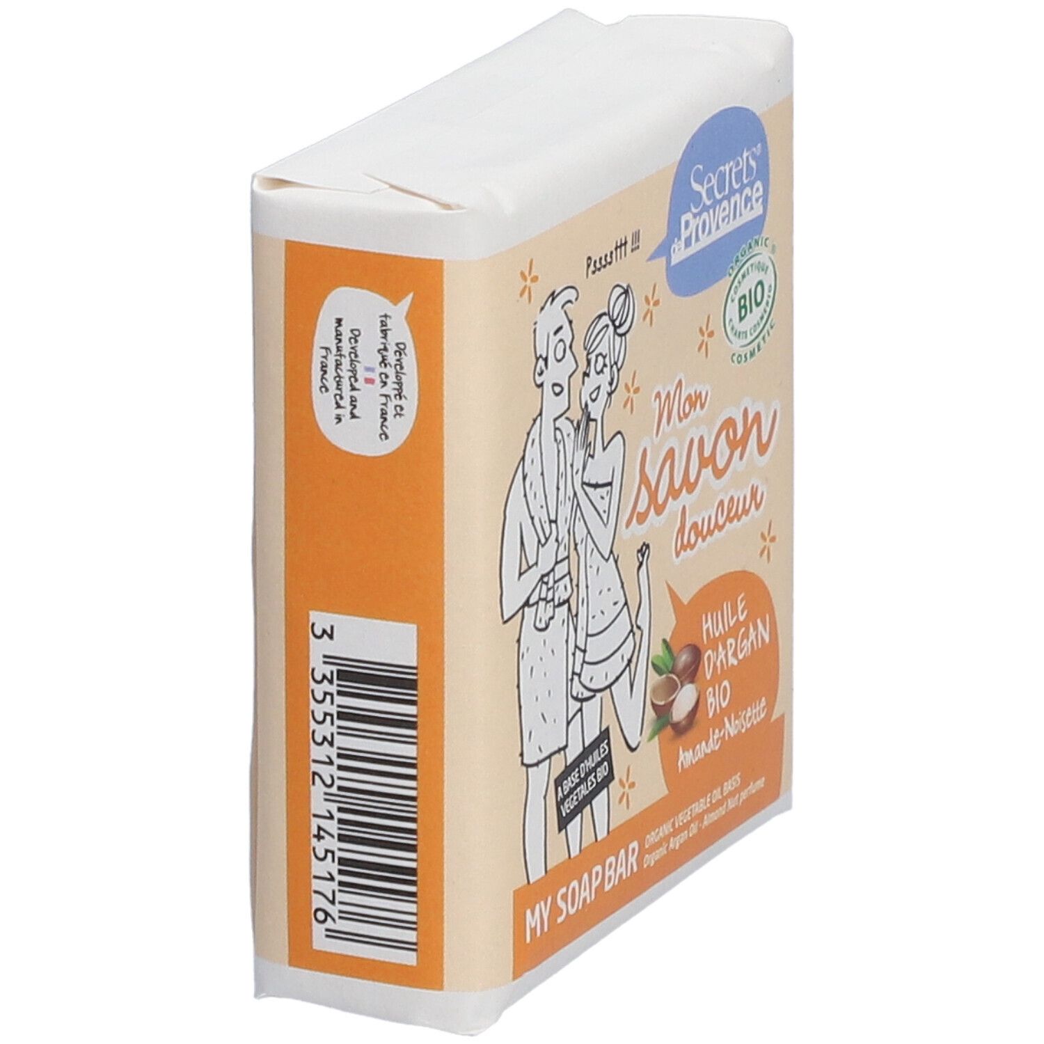 Seife in Papierverpackung. Aufdruck mit Illustrationen und Text: "Secrets de Provence", Bio-Zertifizierung, Barcode.