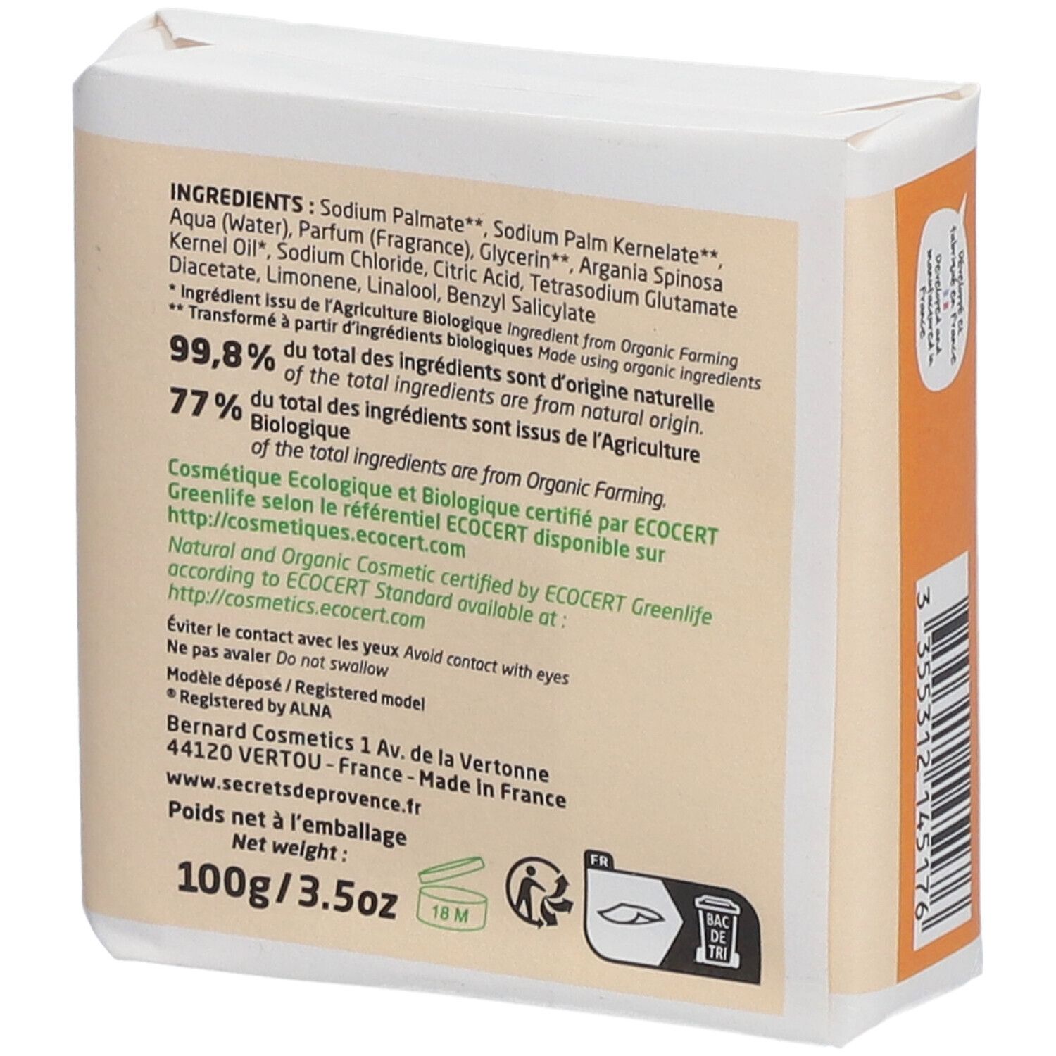 Rückseite der Seifenverpackung. Text mit Inhaltsstoffen, Bio-Zertifizierung, Herstelleradresse, Gewicht und Warnhinweisen.