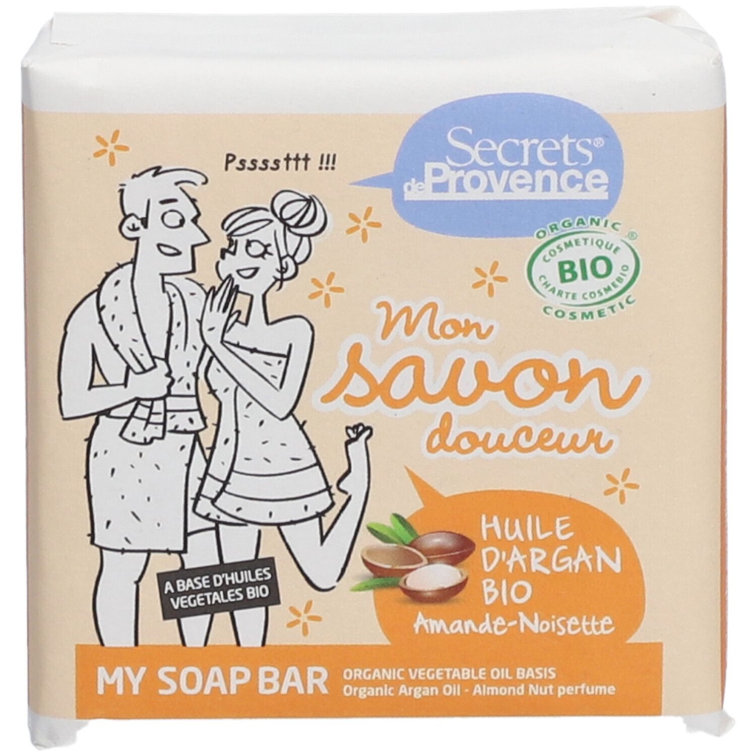 Seife in Papierverpackung. Aufdruck mit Illustrationen und Text: "Secrets de Provence", "Mon savon douceur", Bio-Zertifizierung.