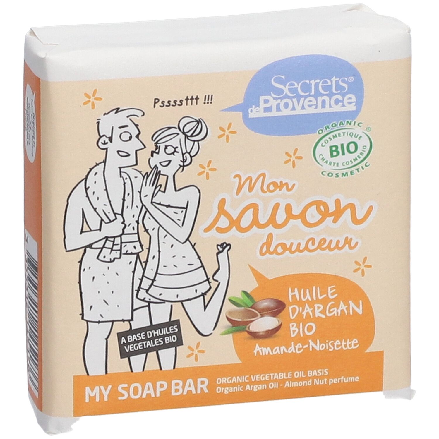 Seife in Papierverpackung. Aufdruck mit Illustrationen und Text: "Secrets de Provence", "Mon savon douceur", Bio-Zertifizierung.