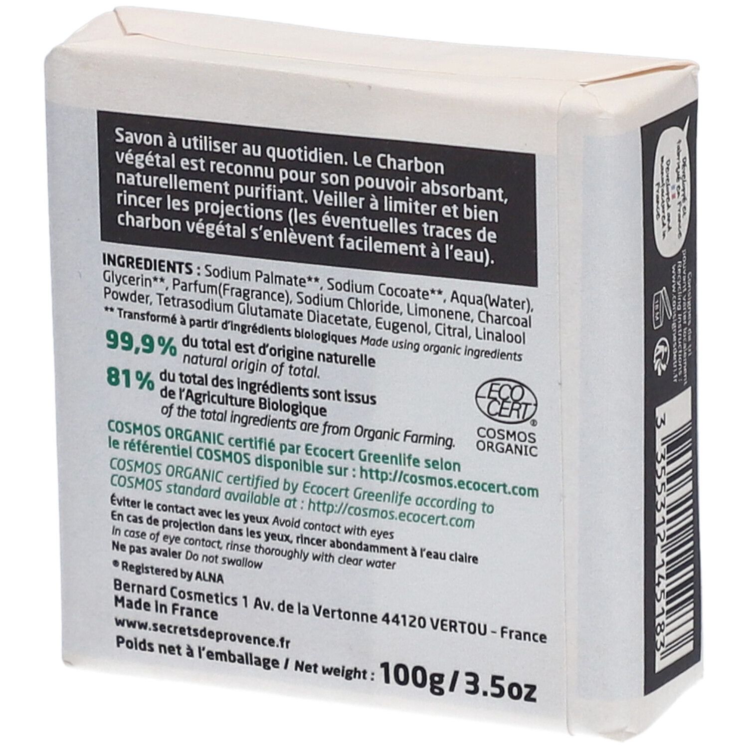 Dos de l'emballage du savon. Ingrédients, certifications et informations fabricant. Poids: 100g/3.5oz.