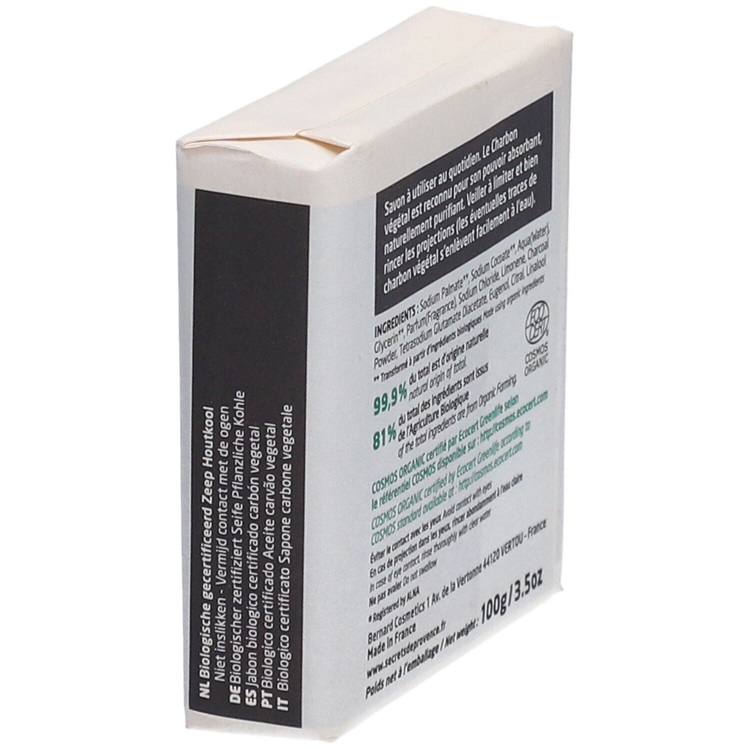 Dos de l'emballage du savon. Ingrédients, certifications et informations fabricant. Poids: 100g/3.5oz.