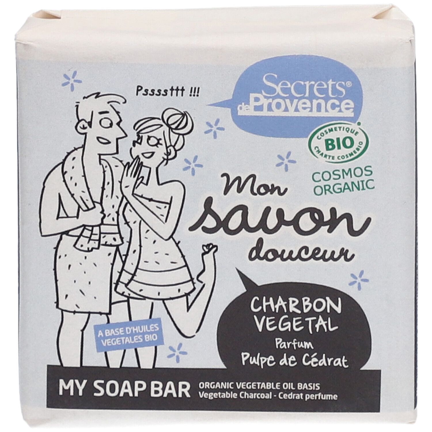Savon emballé. Illustration d'un couple et texte: "Secrets de Provence", "Mon savon douceur", "Charbon Végétal". Label bio.