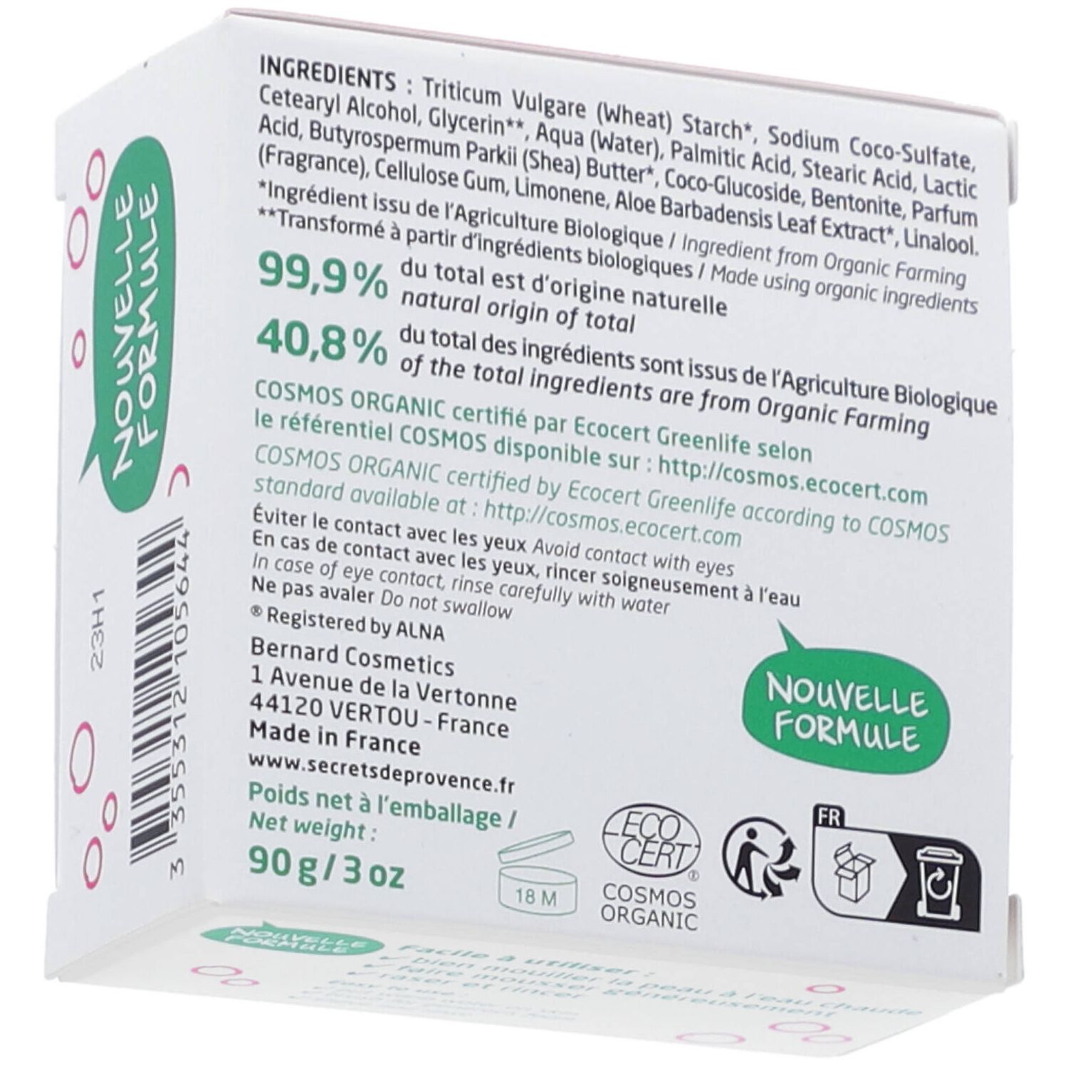 Boîte avec texte. Ingrédients, certifications, informations fabricant. Certifié COSMOS ORGANIC. Poids net 90g.