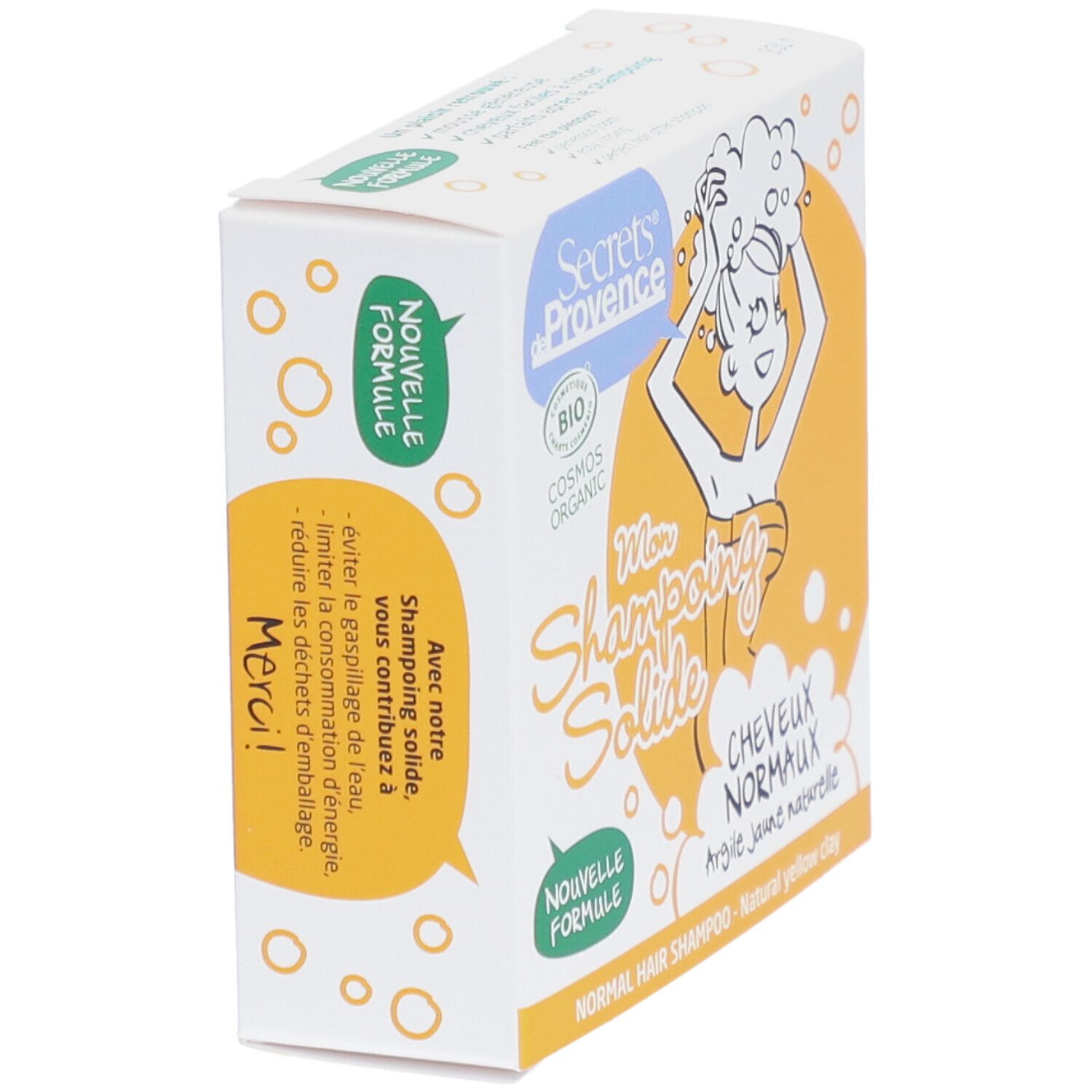 Boîte en carton avec impression. Contient des informations sur les ingrédients et les certifications. Contient du texte sur la réduction des déchets.
