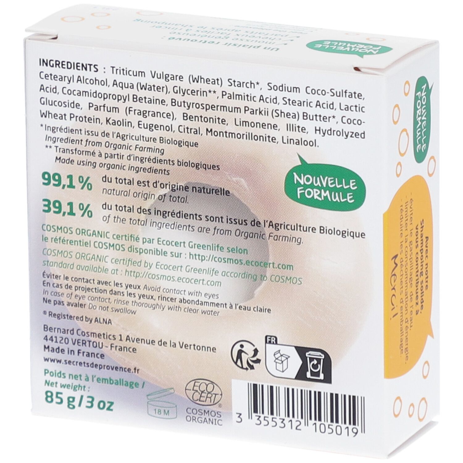 Dos de la boîte en carton. Contient les ingrédients, les certifications et les informations du fabricant. Poids : 85g/3oz.