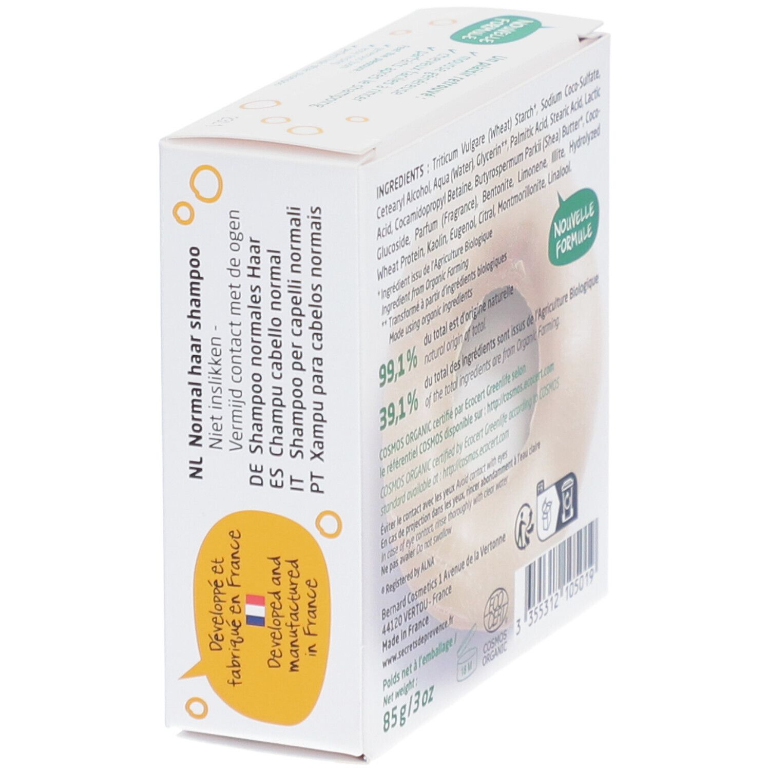 Dos de la boîte en carton. Contient les ingrédients, les certifications et les informations du fabricant. Texte en plusieurs langues.