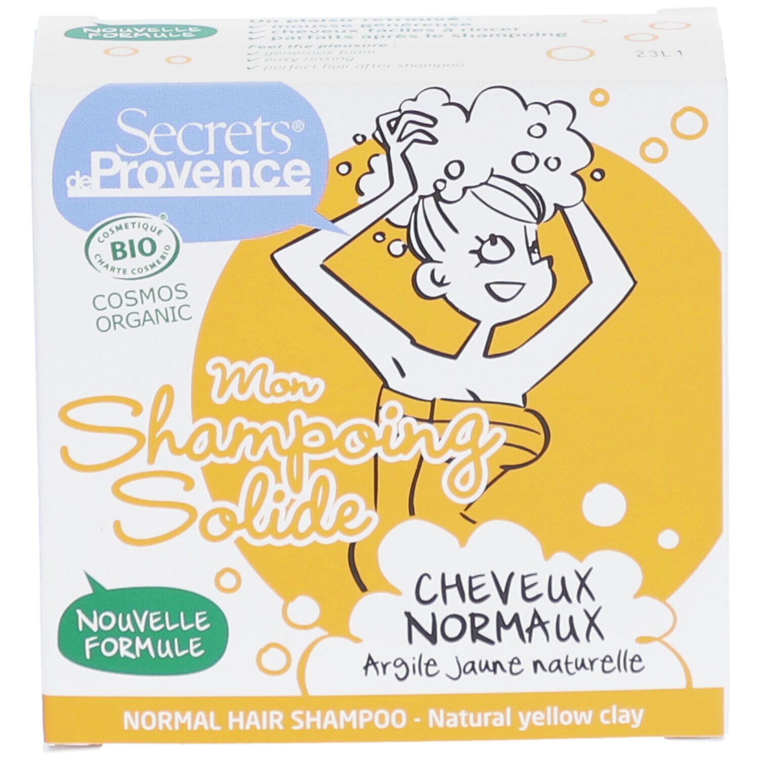 Boîte en carton avec impression. Contient des informations sur les ingrédients et les certifications. Illustration d'une personne se lavant les cheveux.