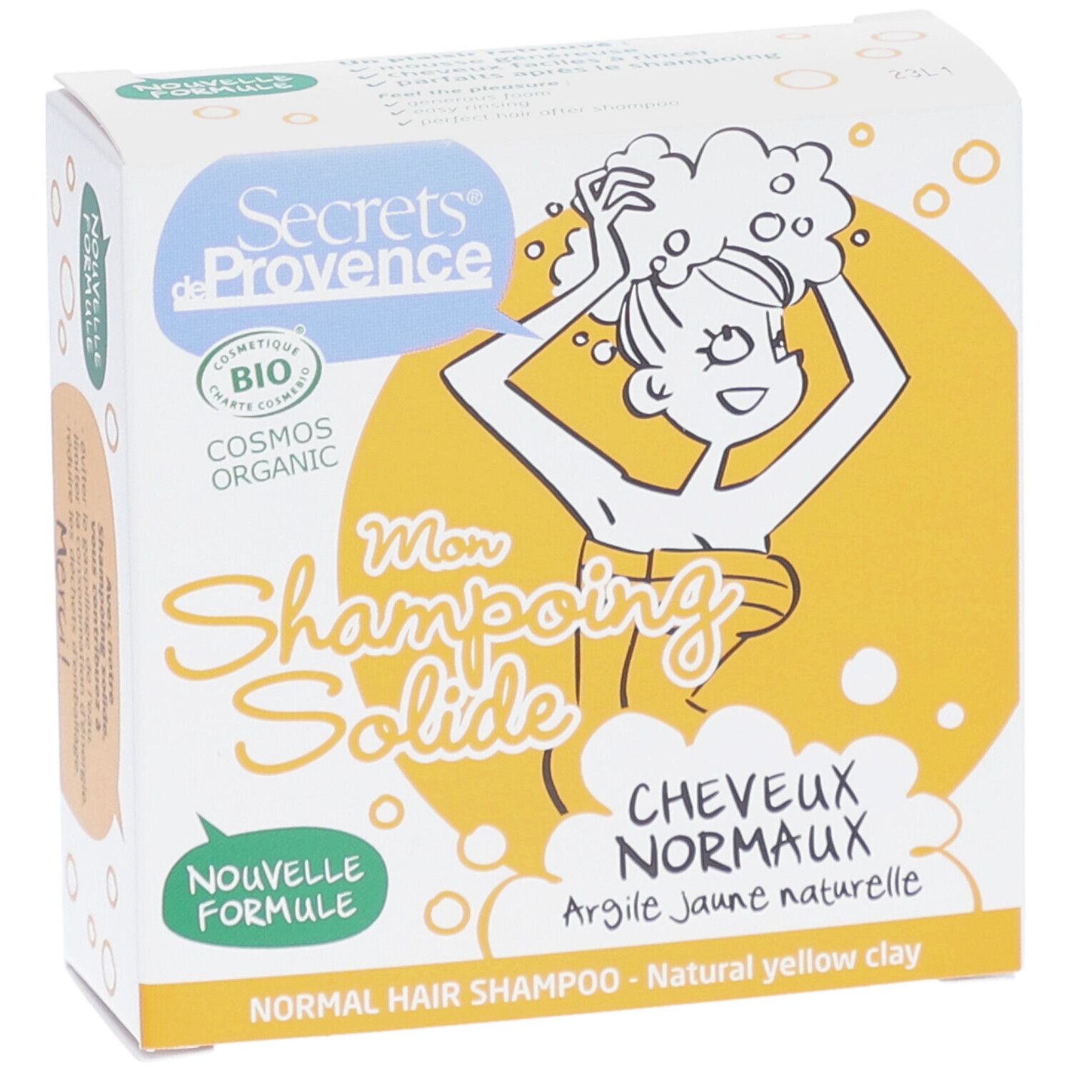 Boîte en carton avec impression. Contient des informations sur les ingrédients et les certifications. Illustration d'une personne se lavant les cheveux.