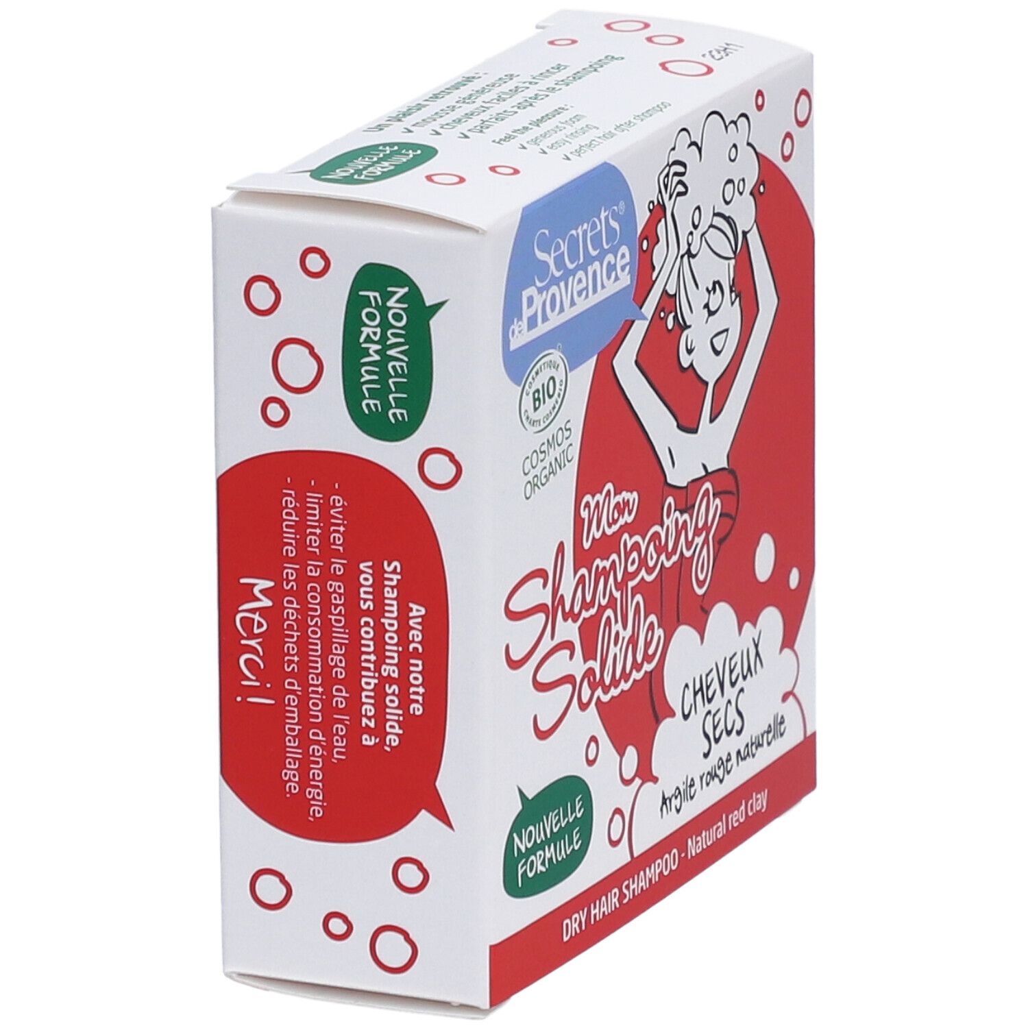 Emballage du produit en biais. Inscription: Mon Shampoing Solide, Cheveux Secs, Argile rouge naturelle. Certification bio.