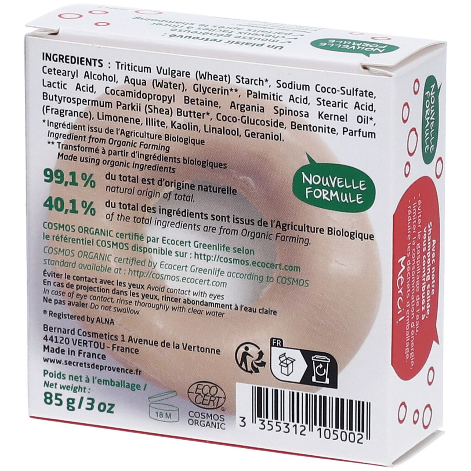 Dos de l'emballage du produit. Liste des ingrédients, certification bio, adresse du fabricant, symbole de recyclage, poids: 85g/3oz.