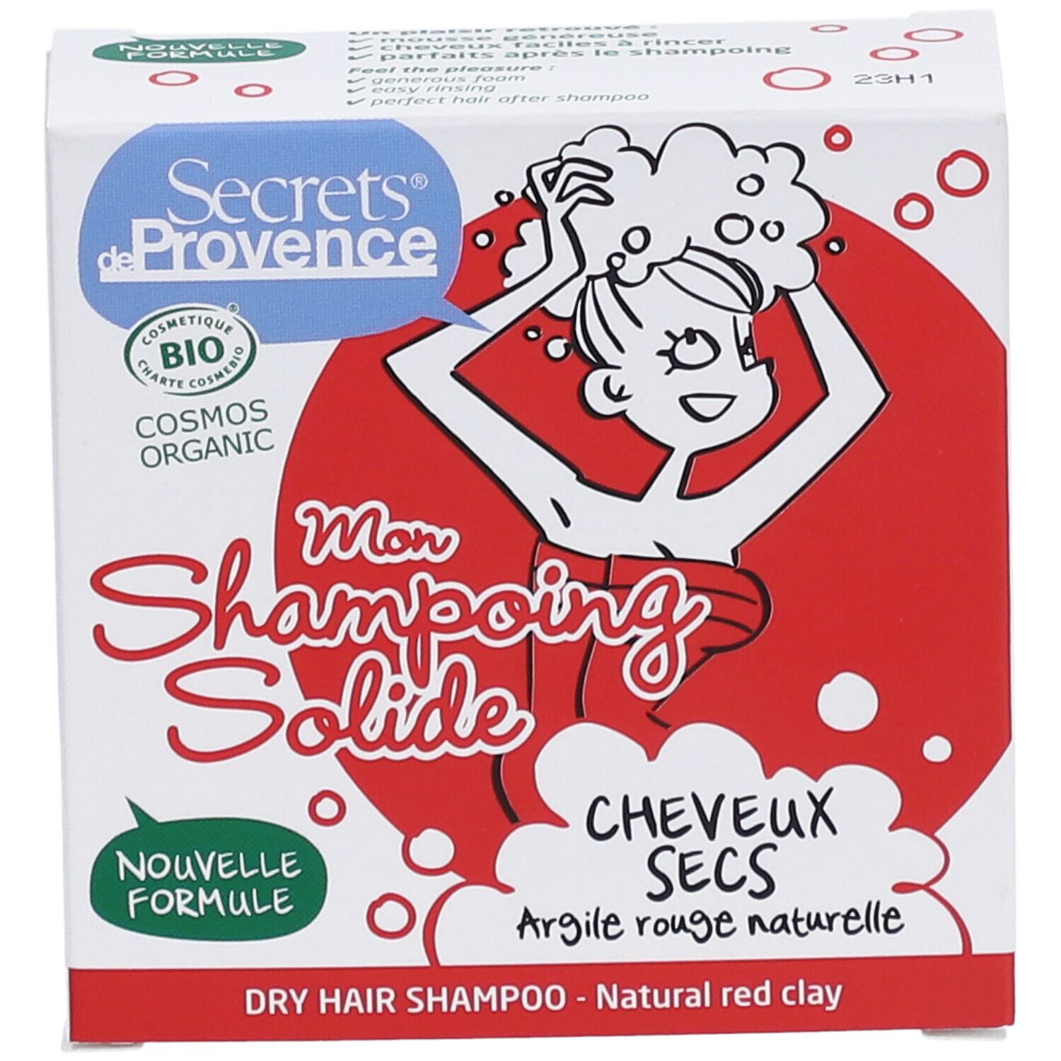 Boîte avec illustration du produit. Inscription: Mon Shampoing Solide, Cheveux Secs, Argile rouge naturelle. Certification bio.