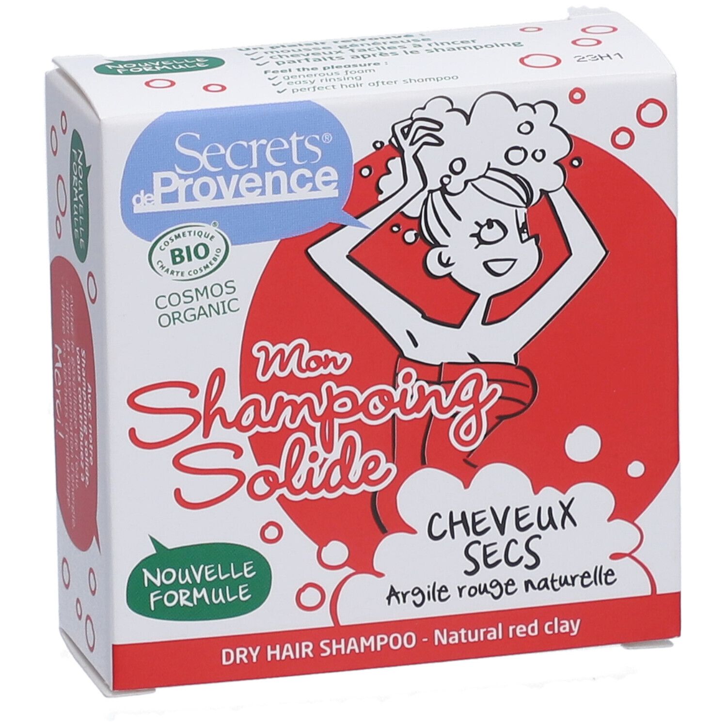 Boîte avec illustration du produit. Inscription: Mon Shampoing Solide, Cheveux Secs, Argile rouge naturelle. Certification bio.