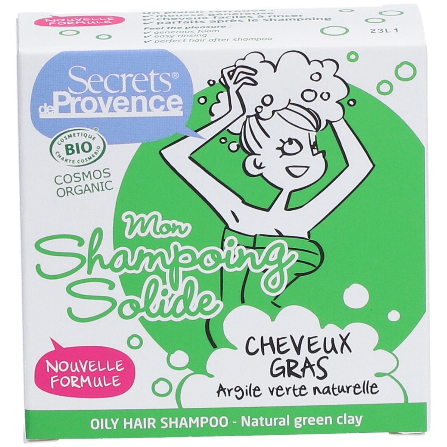 Boîte de shampooing solide. Inscription: Secrets de Provence, Mon Shampooing Solide, Cheveux Gras, Argile verte naturelle.