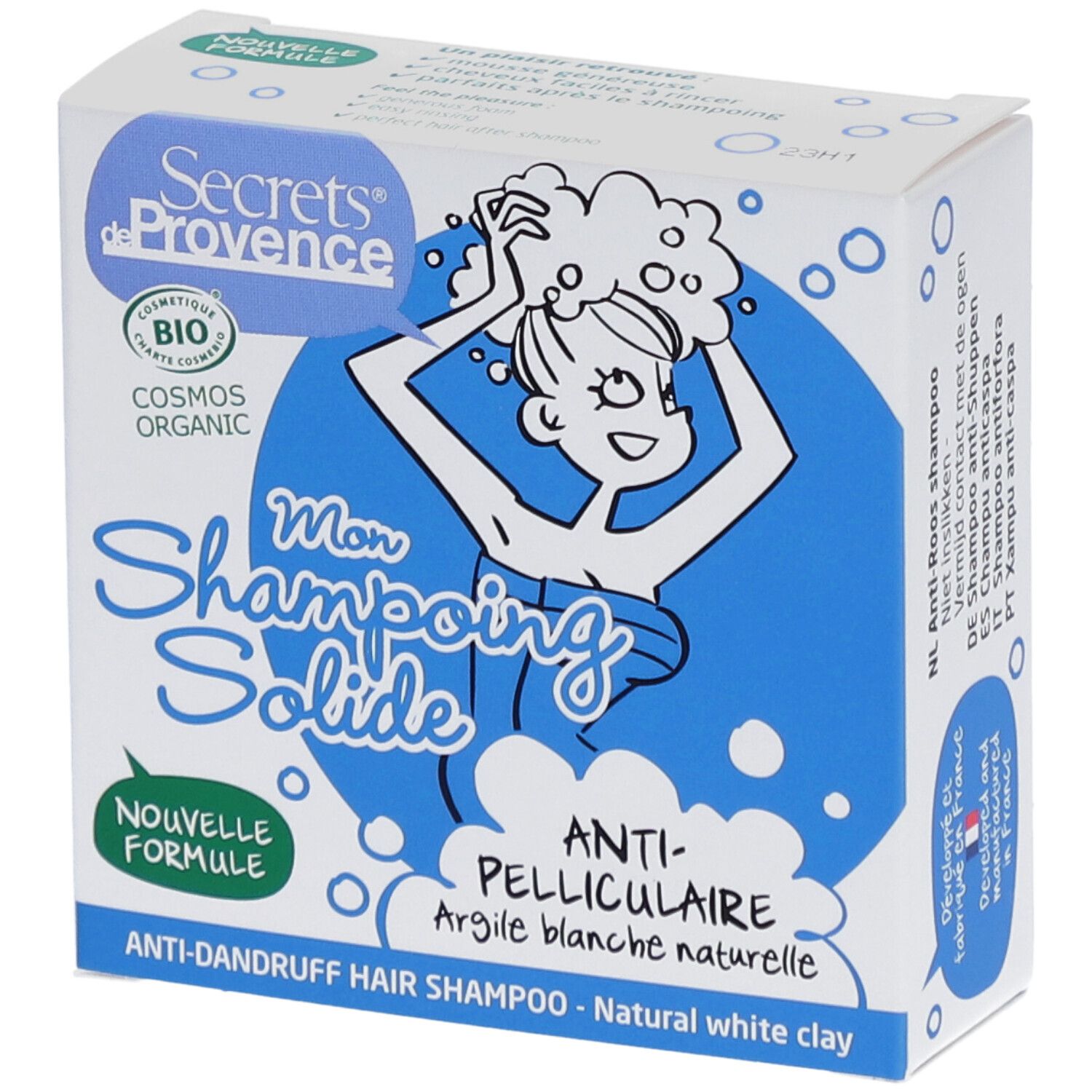 Boîte avec illustration du produit. Inscription: Mon Shampoing Solide, Anti-pelliculaire, Argile blanche naturelle. Certification bio.